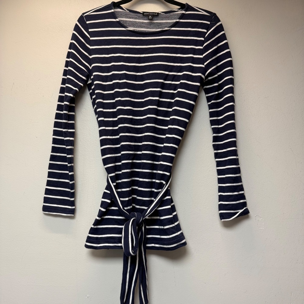 J.Crew Mercantile Striped Top Womens XS Navy White Excellent Tie-Waist Long